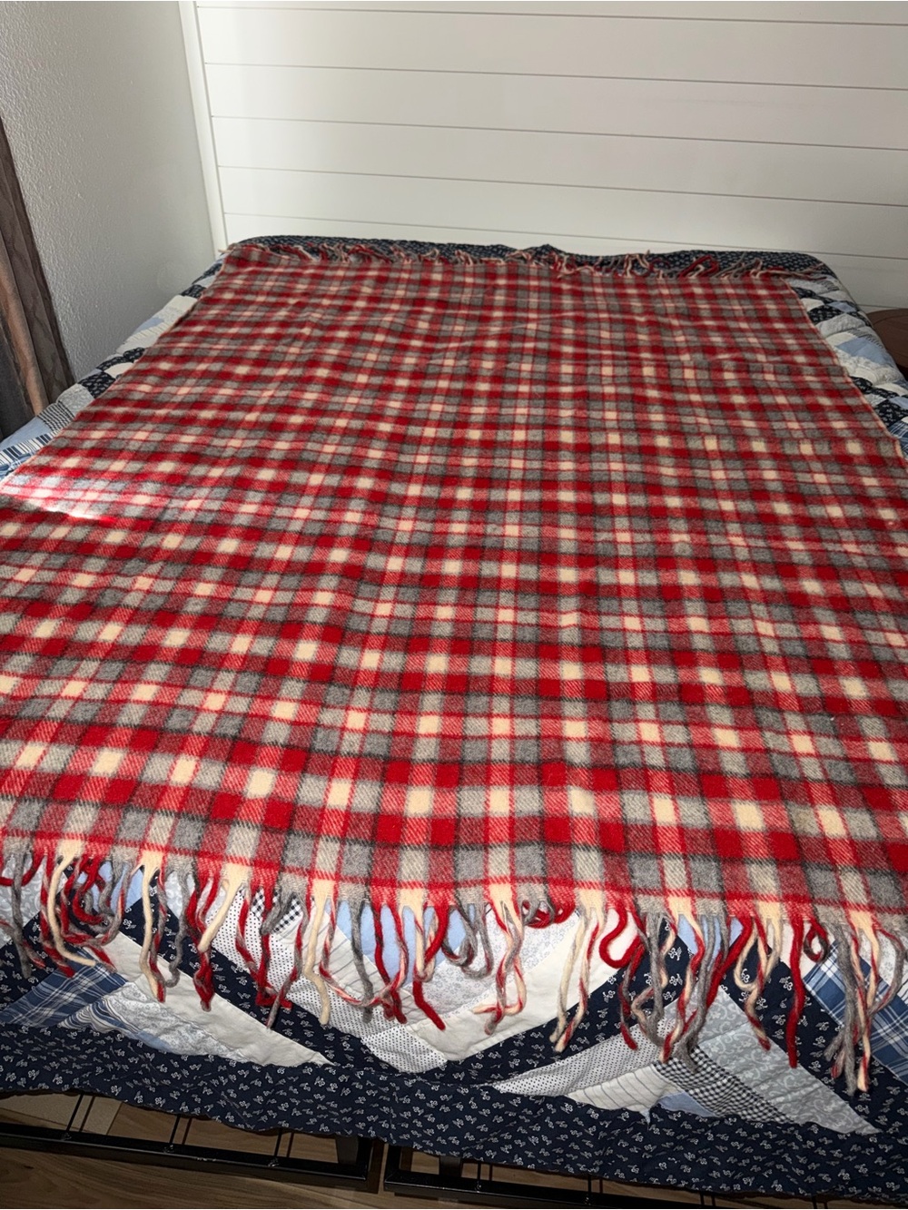 Cottagecore Pendleton Vintage Red, Grey and Cream Plaid Fringe